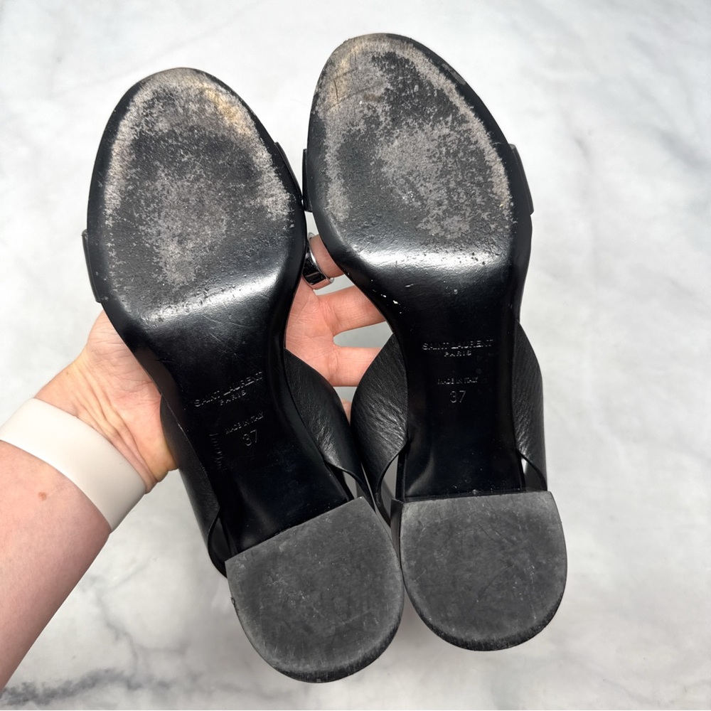 Saint Laurent Charlie 55 Leather Ankle Wrap Strap Buckle Low Block Heel Sandals - Picture 11 of 16